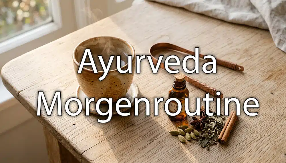 Ruhige Morgenszene: Tasse warmes Wasser, Zungenschaber und Ölkrug auf Holztisch im Morgenlicht. Overlay Schrift: Ayurvedische Morgenroutine