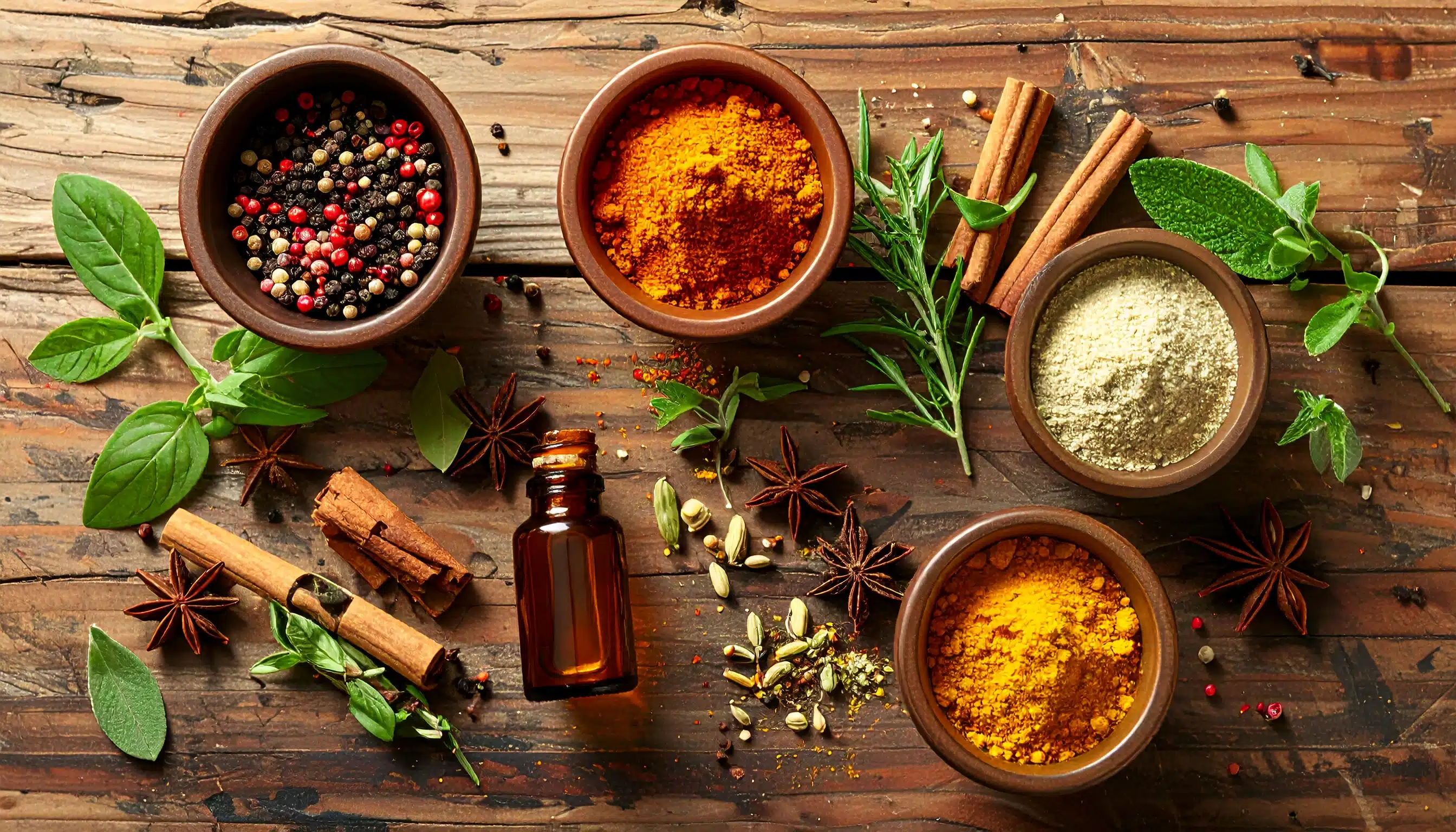 Ayurveda-Symbole: Schalen mit Gewürzen, Kräutern und Öl auf Holztisch