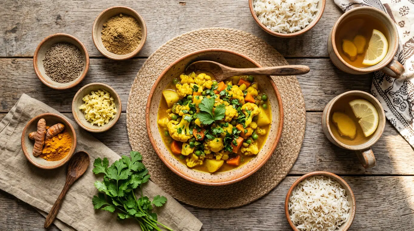 Ayurvedische Mahlzeit – warme goldene Gemüseküche mit Gewürzen in Schüssel, Draufsicht