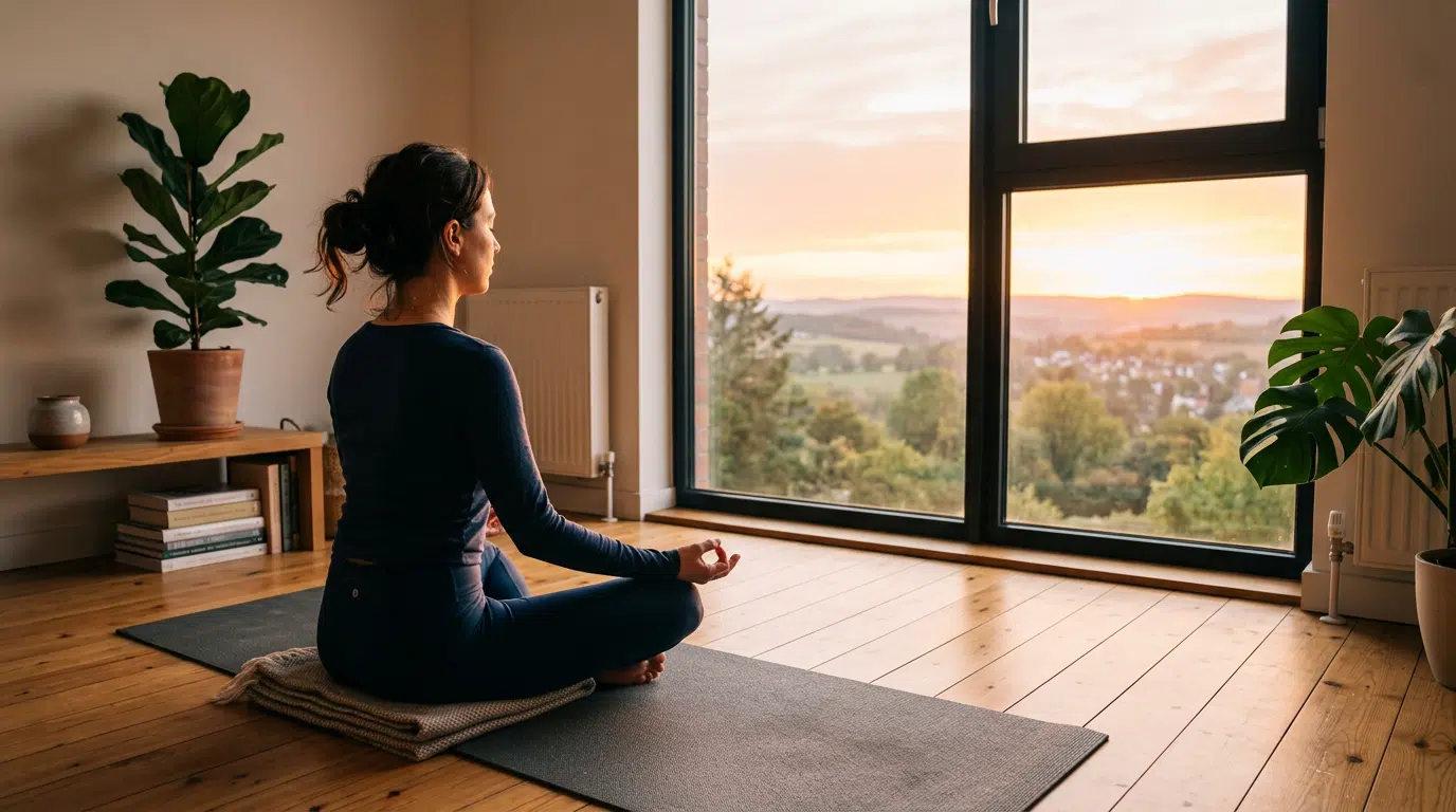 Person sitzt im Morgengrauen auf Yogamatte vor Fenster in meditativer Haltung