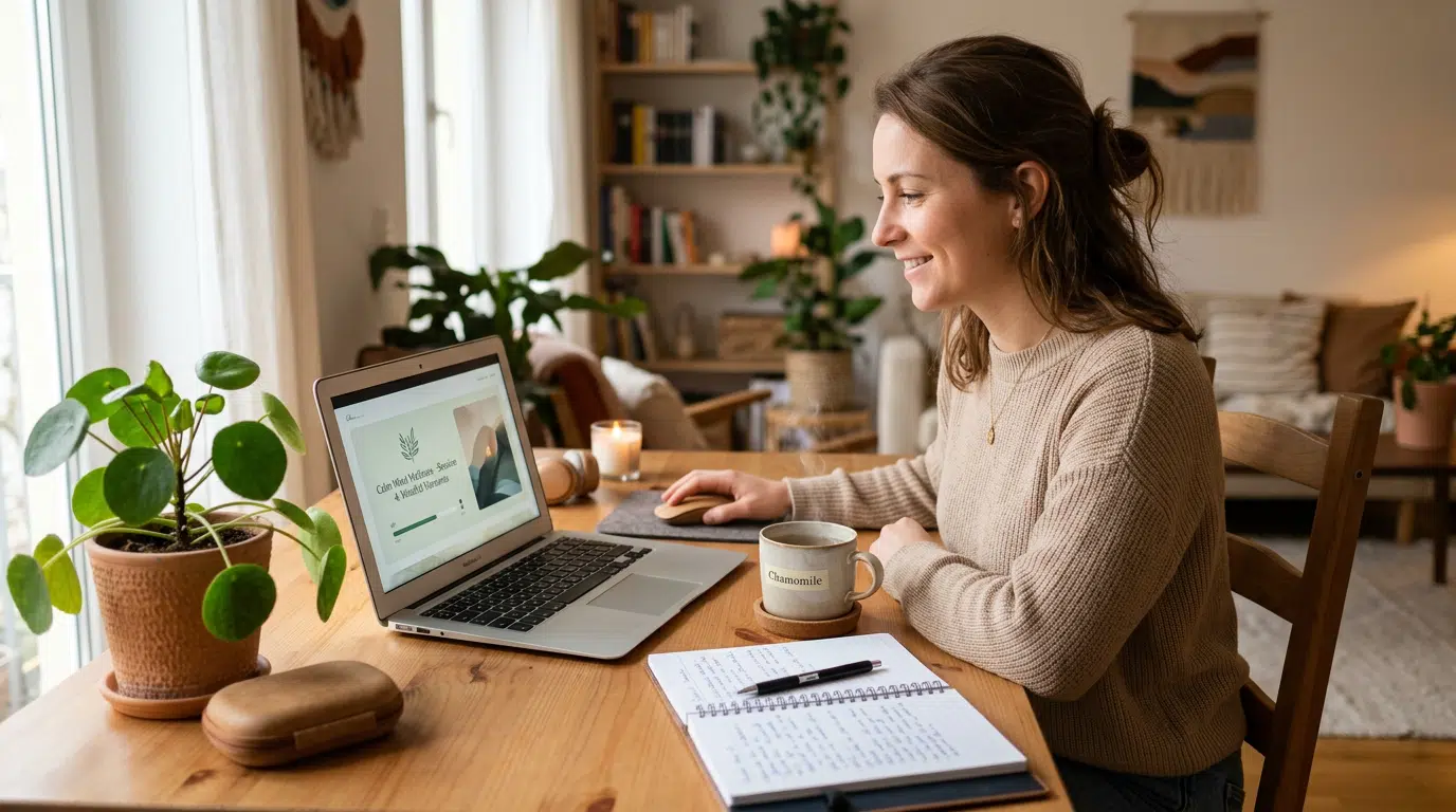 Person lernt Ayurveda am Laptop zu Hause – Tee, Notizbuch und Pflanze auf dem Schreibtisch