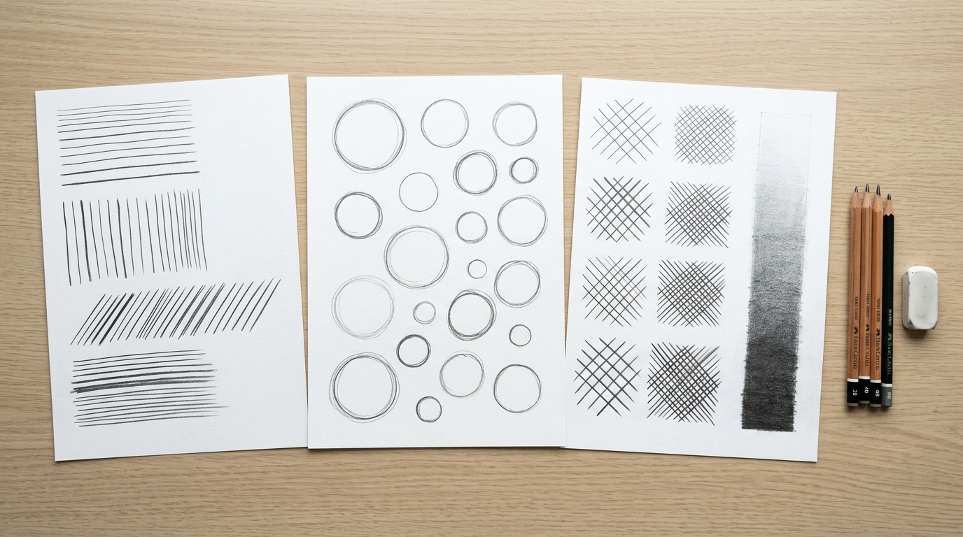 Zeichenübungen auf Papier: Linien, Kreise und Schattierungen nebeneinander