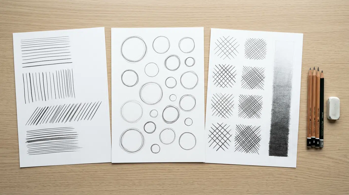 Zeichenübungen auf Papier: Linien, Kreise und Schattierungen nebeneinander