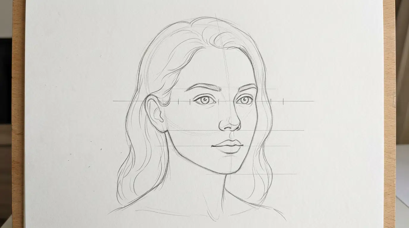 Bleistiftskizze eines Gesichts mit eingezeichneten Proportionslinien auf weißem Papier