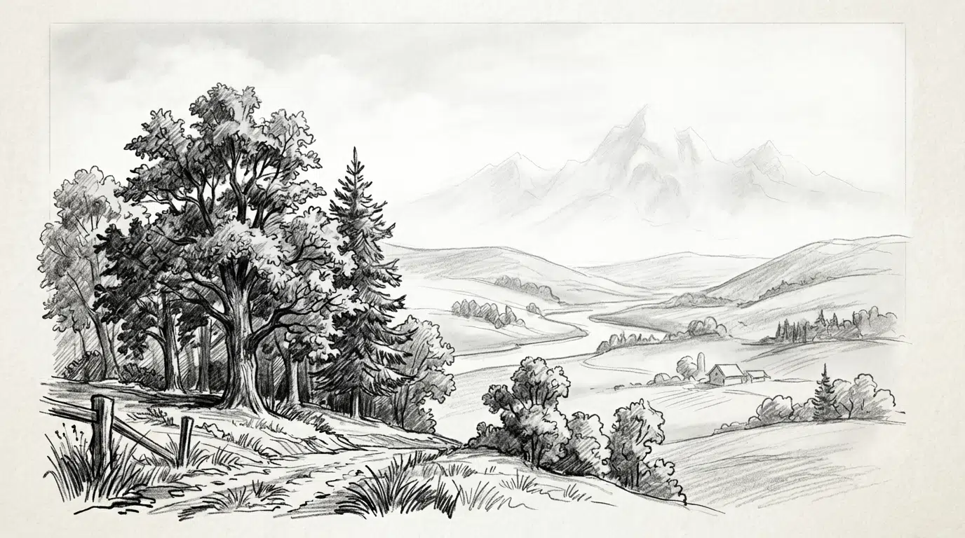 Landschaftszeichnung mit atmosphärischer Perspektive: Vordergrund dunkel, Hintergrund hell