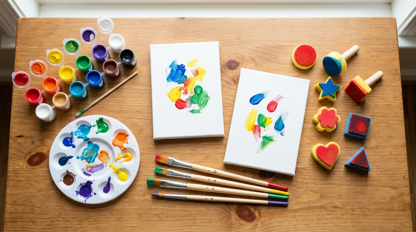 Kindertisch mit Malutensilien: Pinsel, Acrylfarben, kleine Leinwände, bunt