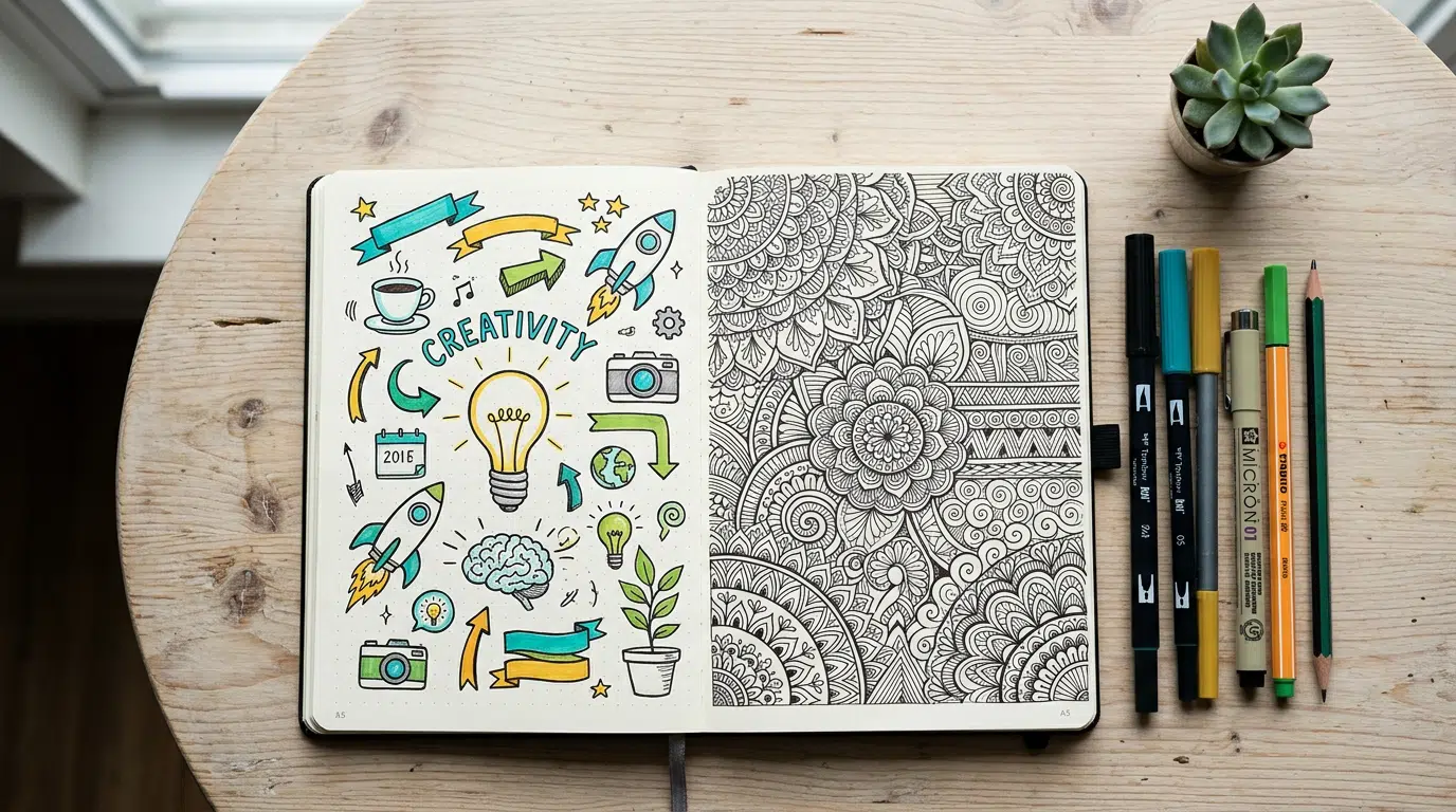 Notizbuch mit Sketchnotes, Zendoodle-Muster und Handlettering-Schriftzügen auf einem Tisch