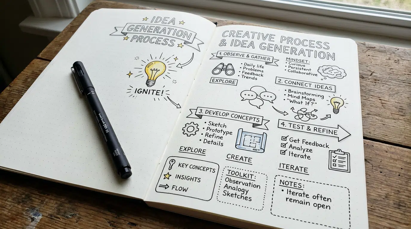 Sketchnote-Seite im Notizbuch mit Icons, Schrift und grafischen Elementen
