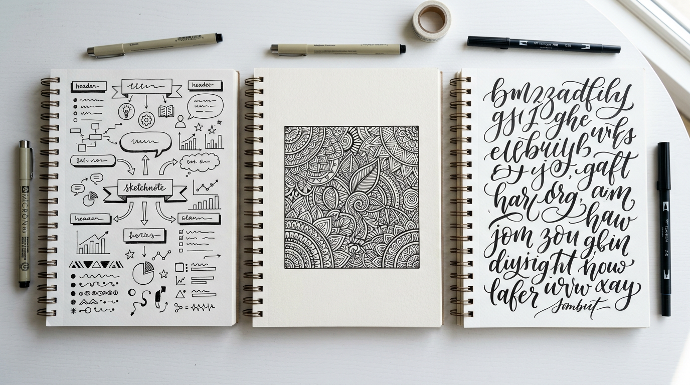 Drei Notizbuchseiten nebeneinander: Sketchnote, Zendoodle-Muster, Handlettering-Schrift