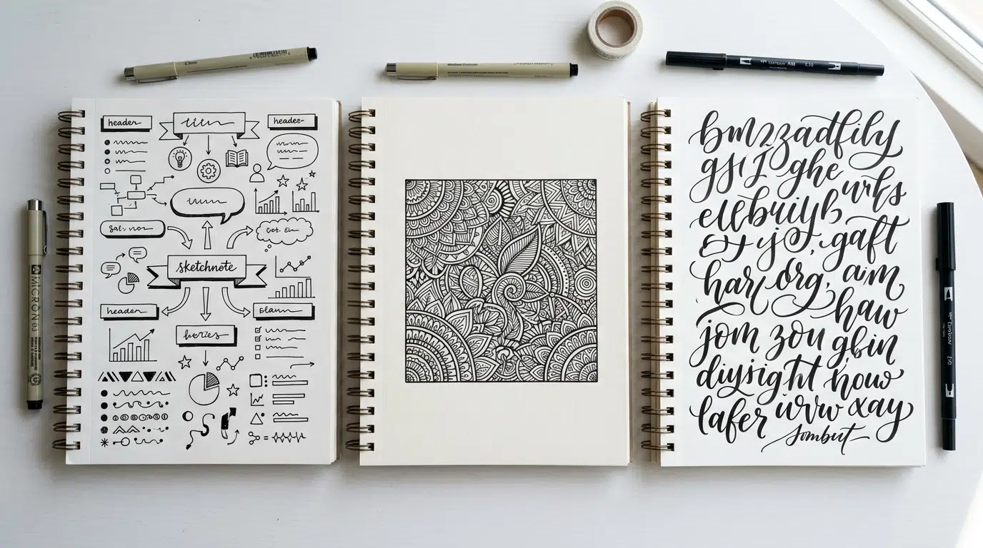 Drei Notizbuchseiten nebeneinander: Sketchnote, Zendoodle-Muster, Handlettering-Schrift