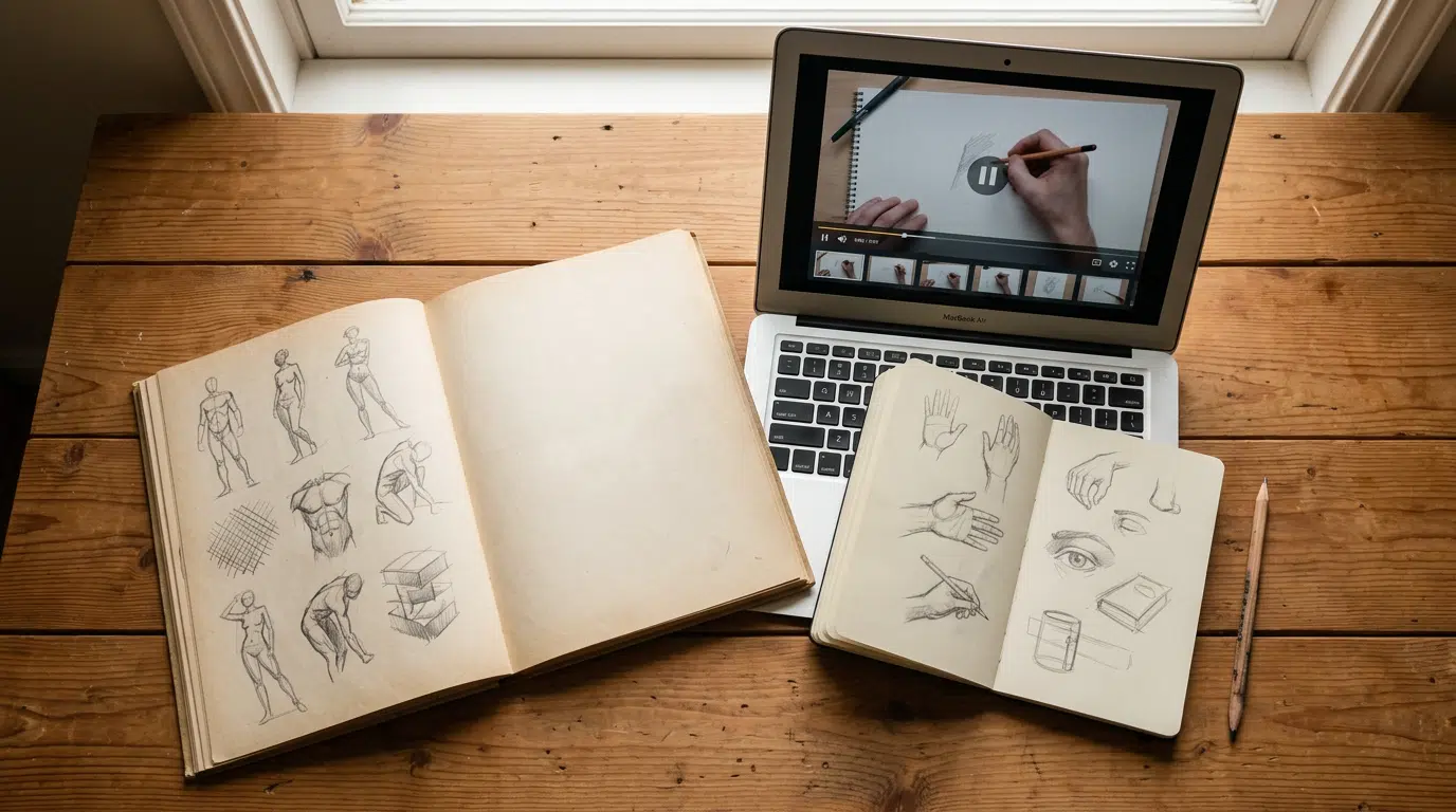 Zeichenbuch und Laptop mit Online-Kurs auf einem Schreibtisch, Bleistift daneben