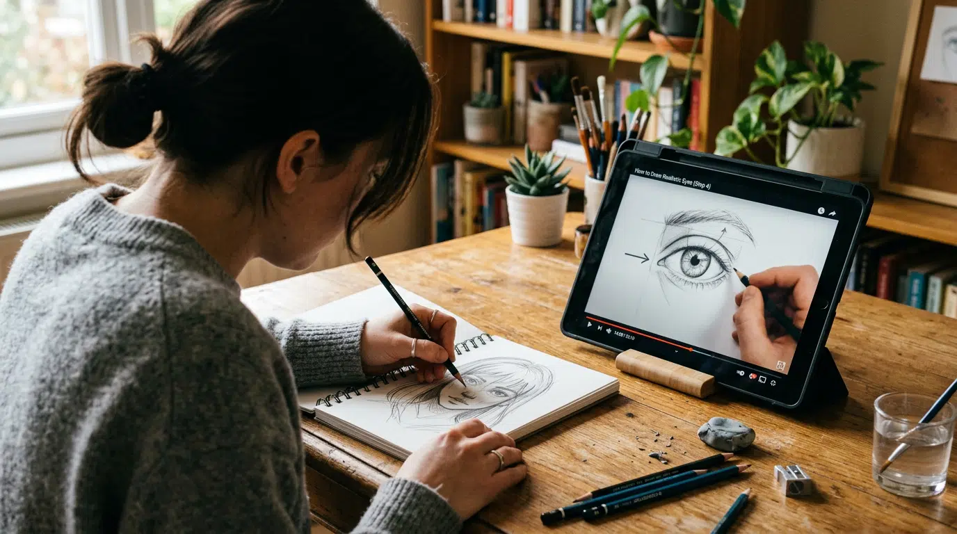 Person zeichnet in ein Skizzenbuch, Online-Kurs läuft auf Tablet im Hintergrund