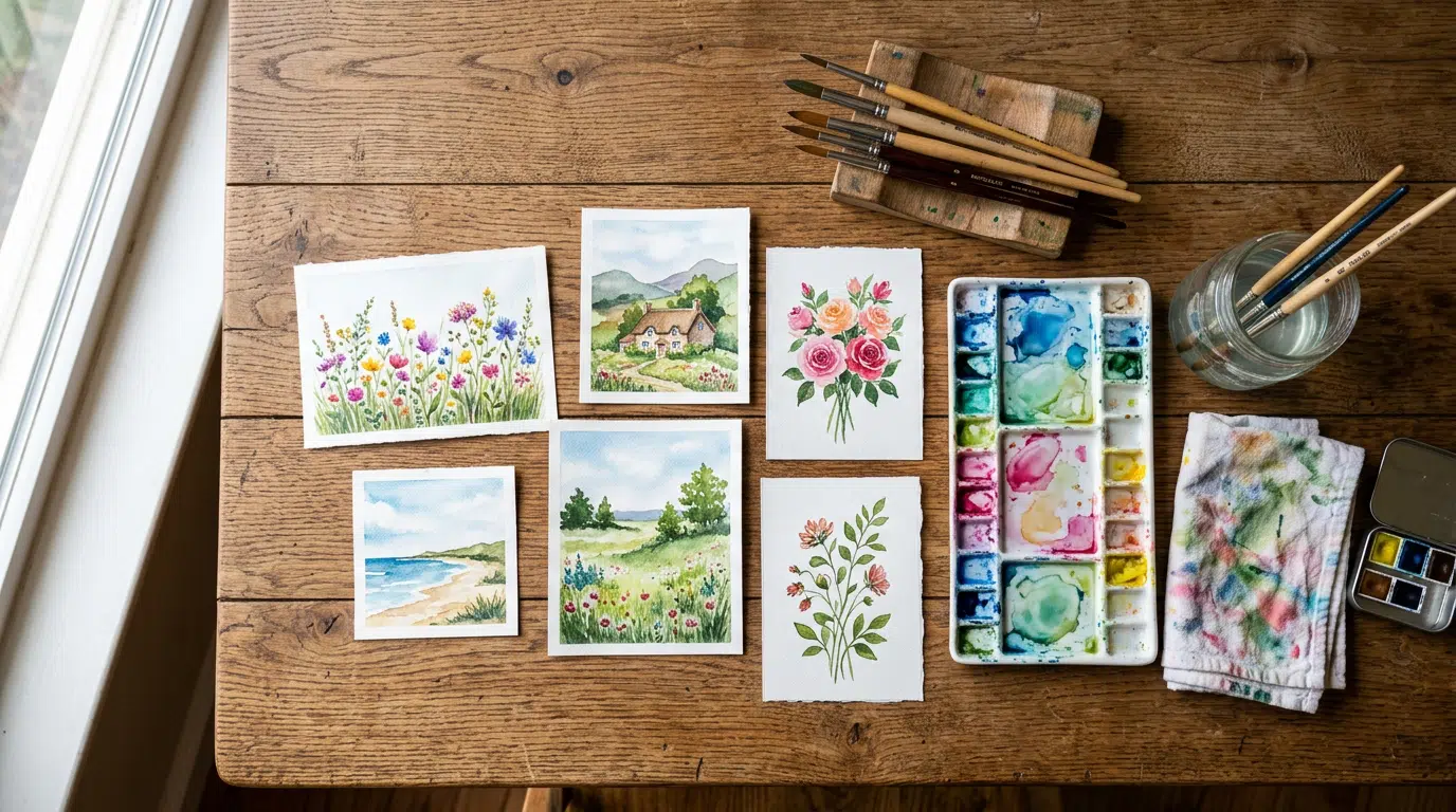Mehrere fertige Aquarellbilder auf einem Holztisch, daneben Pinsel und Aquarellfarben