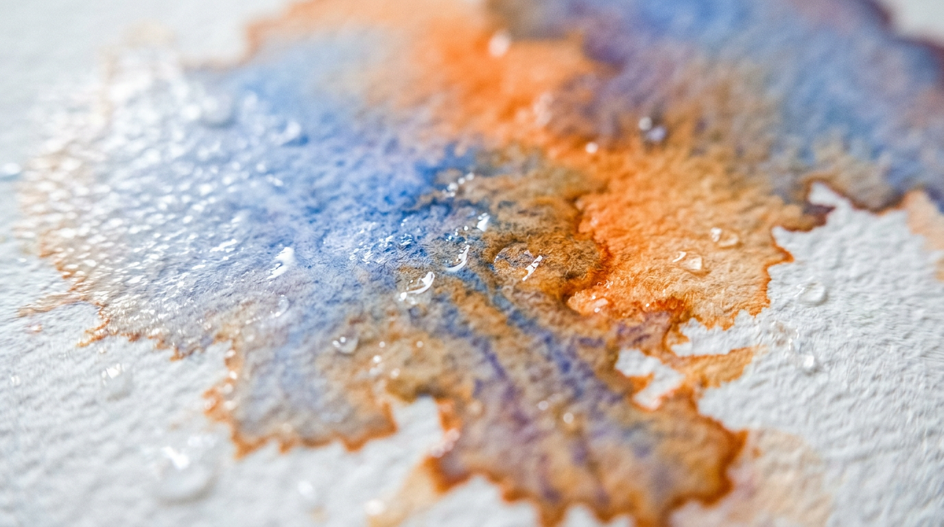 Nahaufnahme von Aquarellfarbe die fließend auf nassem Papier verläuft, Blau- und Orangetöne