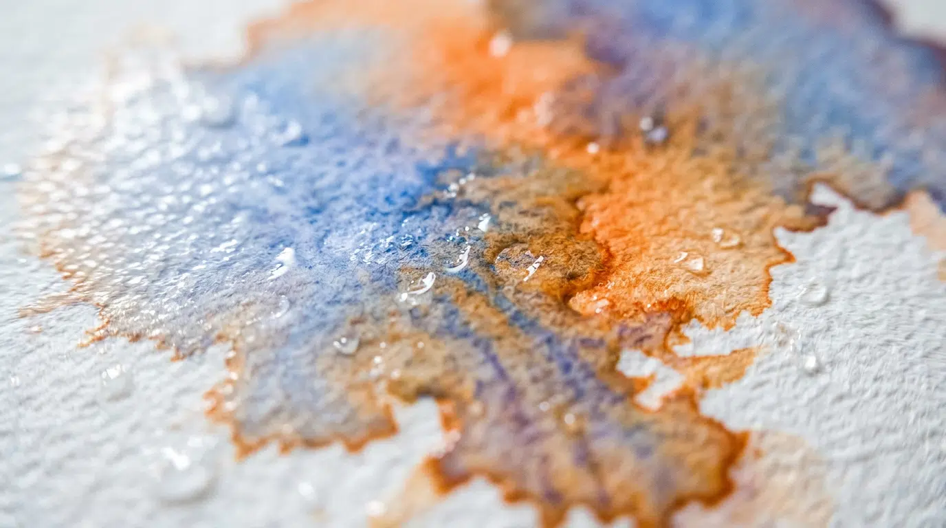 Nahaufnahme von Aquarellfarbe die fließend auf nassem Papier verläuft, Blau- und Orangetöne