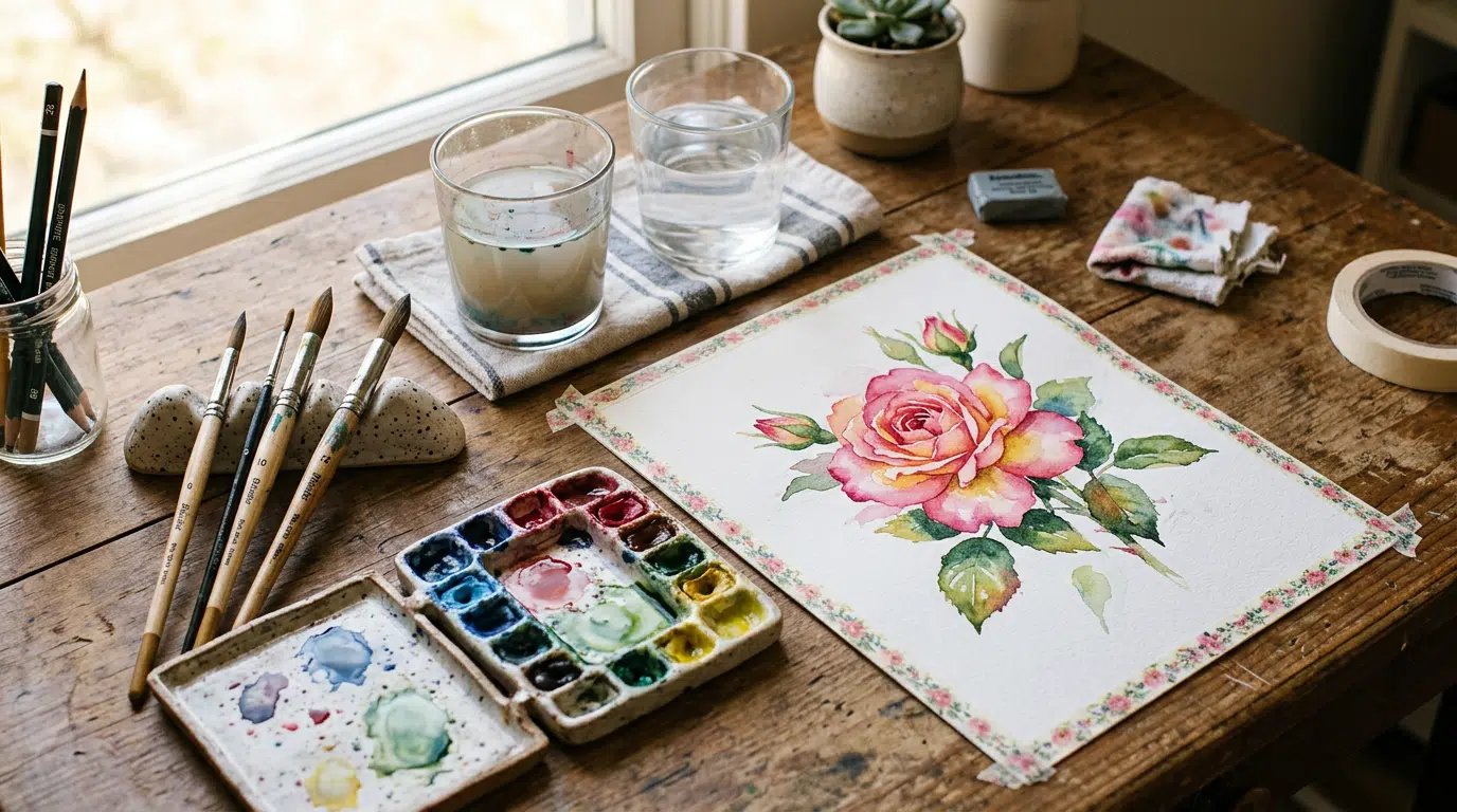 Aquarellarbeitsplatz mit Pinseln, Farben, Wasserglas und einem angefangenen Aquarellbild