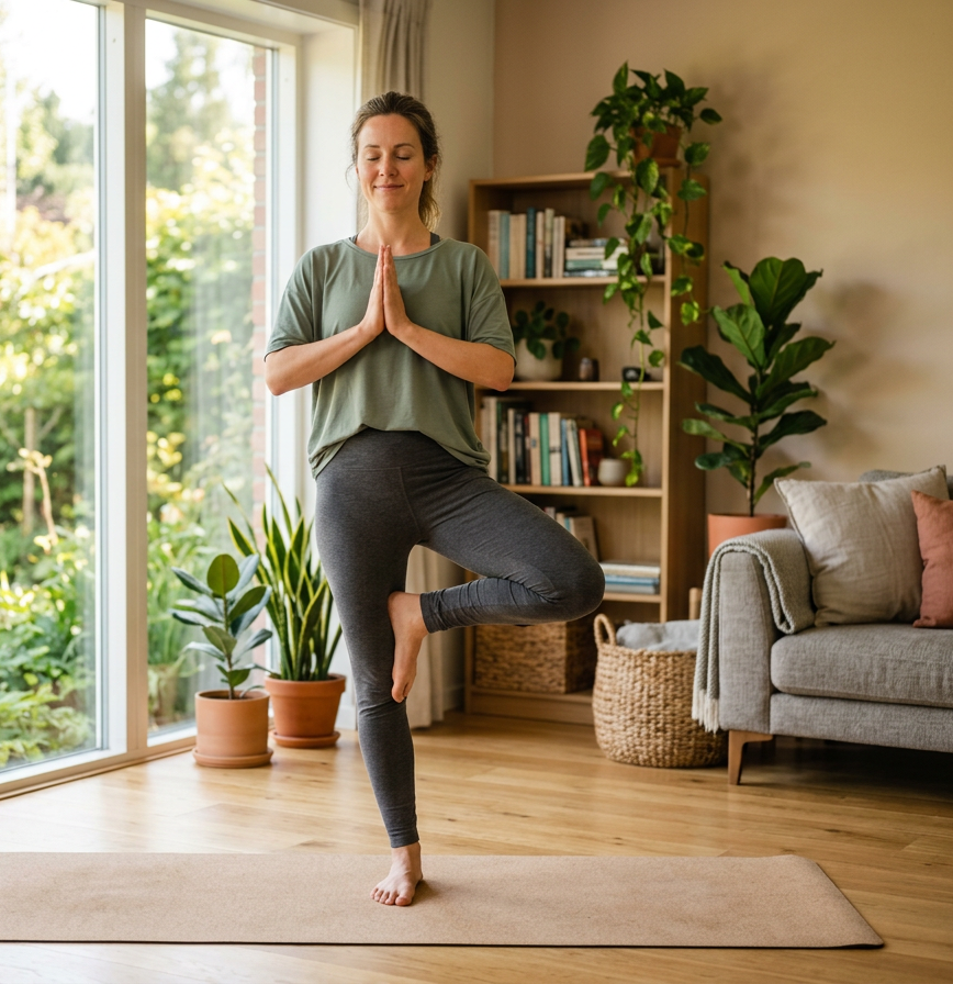 Frau in grünem T-Shirt und grauer Leggings steht mit geschlossenen Augen in der Baum-Pose auf einer Kork-Yogamatte, Hände vor der Brust in Namaste-Haltung. Im Hintergrund ein helles Wohnzimmer mit großer Fensterfront zum Garten, Holzregal mit Büchern, Zimmerpflanzen und einem grauen Sofa.