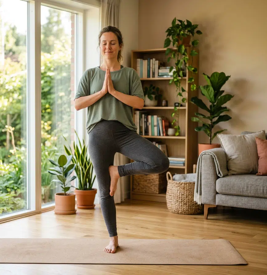 Frau in grünem T-Shirt und grauer Leggings steht mit geschlossenen Augen in der Baum-Pose auf einer Kork-Yogamatte, Hände vor der Brust in Namaste-Haltung. Im Hintergrund ein helles Wohnzimmer mit großer Fensterfront zum Garten, Holzregal mit Büchern, Zimmerpflanzen und einem grauen Sofa.