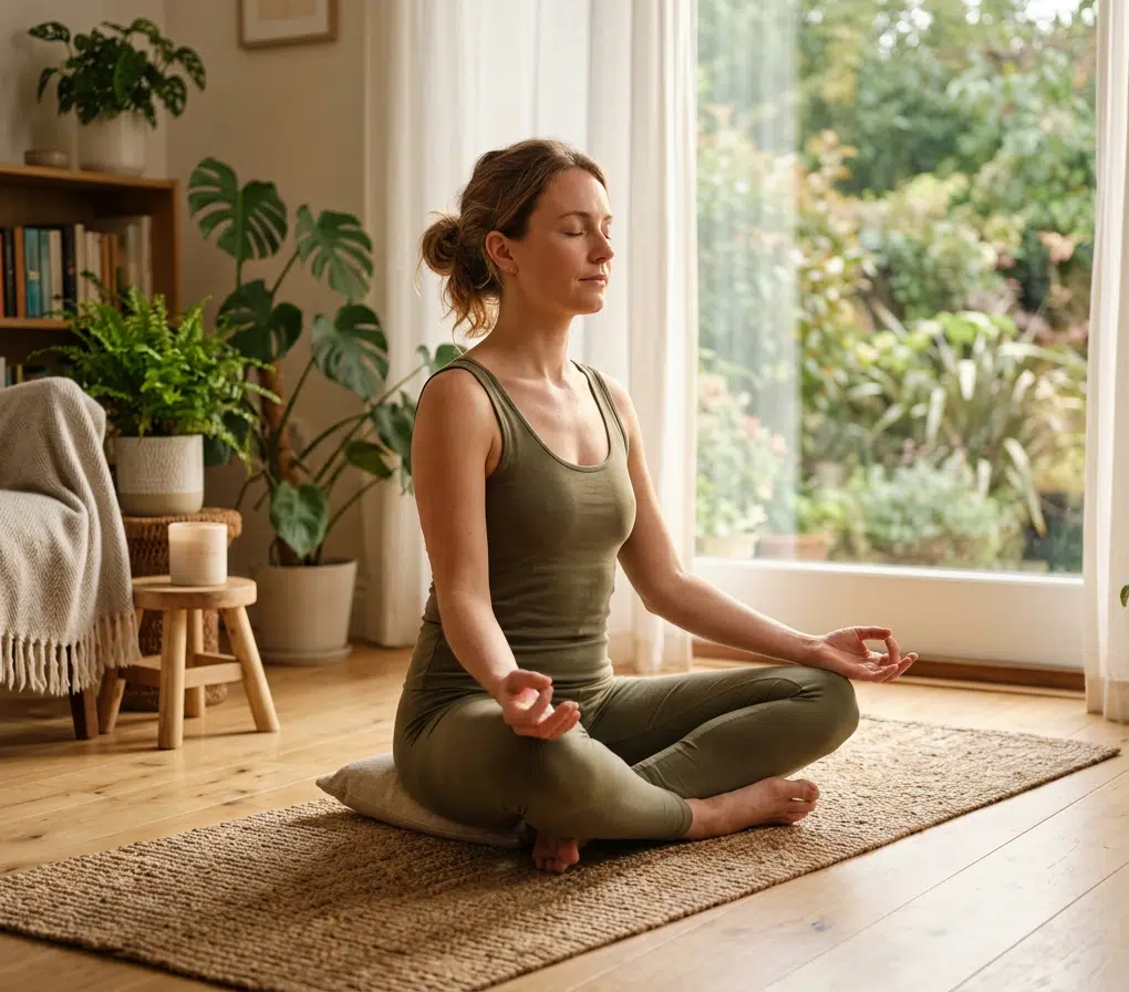 Frau in olivgrünem Yoga-Outfit sitzt mit geschlossenen Augen im Lotussitz auf einem Jute-Teppich und meditiert, Hände in Gyan-Mudra auf den Knien. Im Hintergrund ein helles Wohnzimmer mit großer Fensterfront zum Garten, Holzregal mit Büchern und mehreren Zimmerpflanzen.