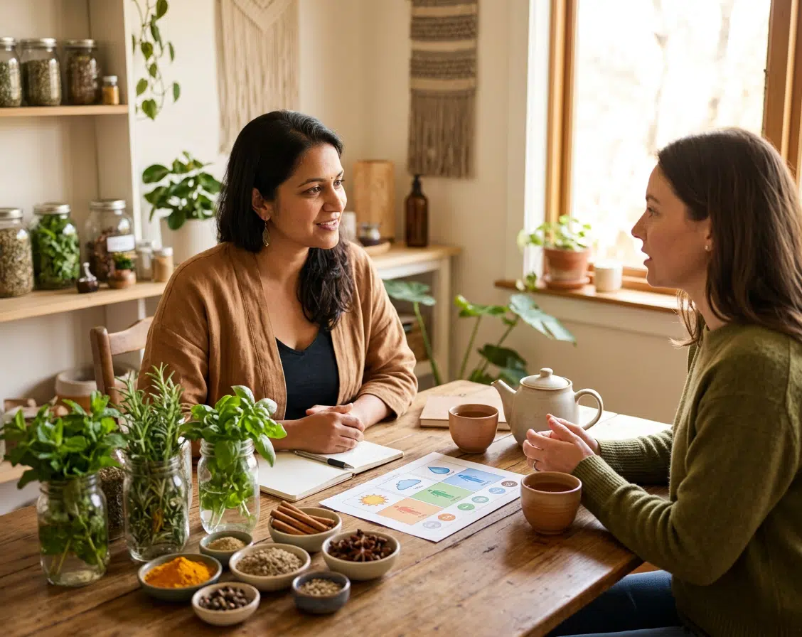 Zwei Frauen führen ein Ayurveda-Ernährungsberatungsgespräch an einem Holztisch: eine Beraterin im braunen Cardigan mit Notizbuch, eine Klientin im grünen Pullover mit Teetasse. Auf dem Tisch ein Dosha-Infoblatt, frische Kräuter im Glas, mehrere Gewürzschälchen und eine Teekanne. Im Hintergrund Regale mit Kräutergläsern und Zimmerpflanzen.
