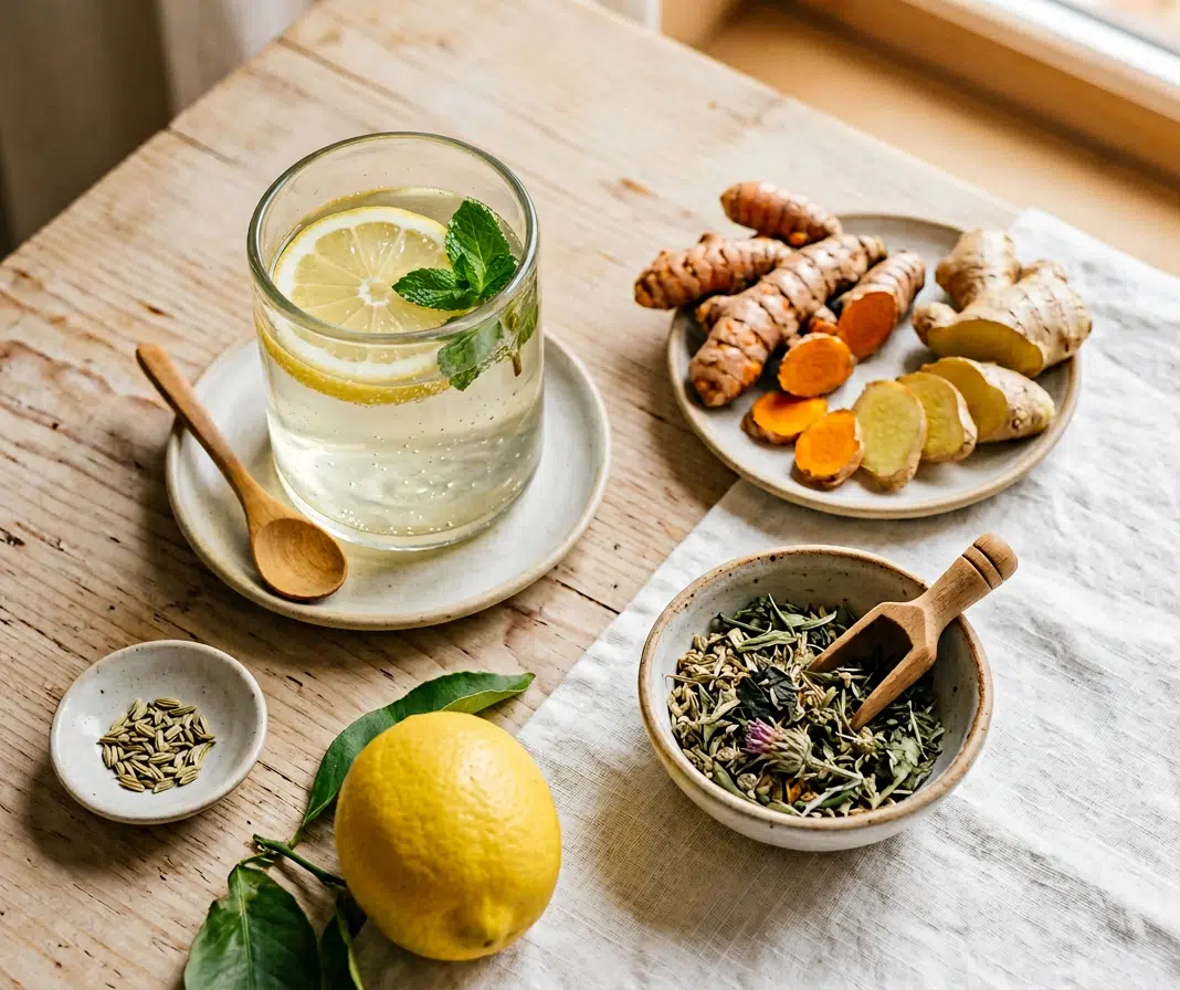Draufsicht auf einen hellen Holztisch mit Ayurveda-Zutaten: ein Glas Zitronenwasser mit Minze und Holzlöffel, ein Teller mit aufgeschnittenen Kurkuma- und Ingwerwurzeln, eine Schale getrockneter Kräutertee-Mischung mit Holzschaufel sowie ein kleines Schälchen mit Fenchelsamen und eine frische Zitrone.