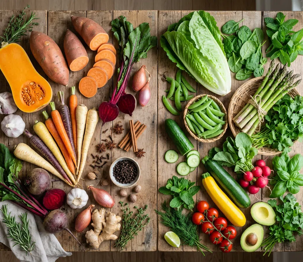Draufsicht auf einen rustikalen Holztisch mit einer großen Auswahl frischer Ayurveda-Lebensmittel: Butternusskürbis, Süßkartoffeln, bunte Karotten, Rote Bete, Knoblauch, Ingwer, Zucchini, Tomaten, Avocado, Zuckerschoten, Spargel, Romanasalat, Spinat, Minze, Koriander sowie Gewürze wie Sternanis, Zimt und schwarzer Pfeffer.