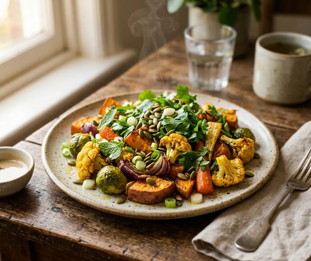 Dampfender Teller mit geröstetem Ayurveda-Gemüse auf einem rustikalen Holztisch: Blumenkohl, Rosenkohl, Süßkartoffel, rote Zwiebel und Karotten, garniert mit Koriander, Frühlingszwiebeln und Kürbiskernen. Daneben ein Schälchen Tahini-Dressing, ein Glas Wasser und eine Tasse Tee.