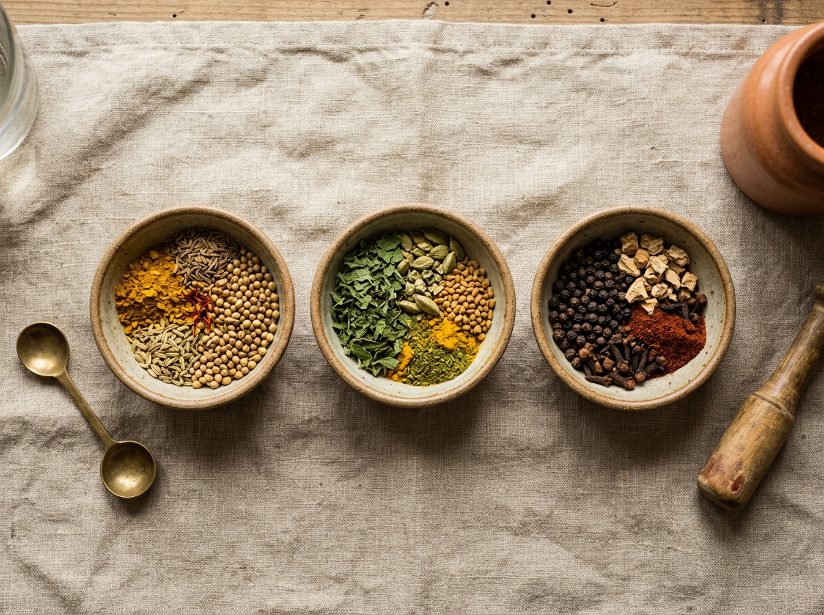 Draufsicht auf drei Keramikschalen mit Ayurveda-Gewürzmischungen auf einem Leinentuch: links Kurkuma, Kreuzkümmel, Fenchel und Koriandersamen; Mitte getrocknete Kräuter, Kardamom und Kurkuma; rechts schwarzer Pfeffer, Nelken, Chili und Ingwerstücke. Daneben zwei Messinglöffel und ein Holzmörser.