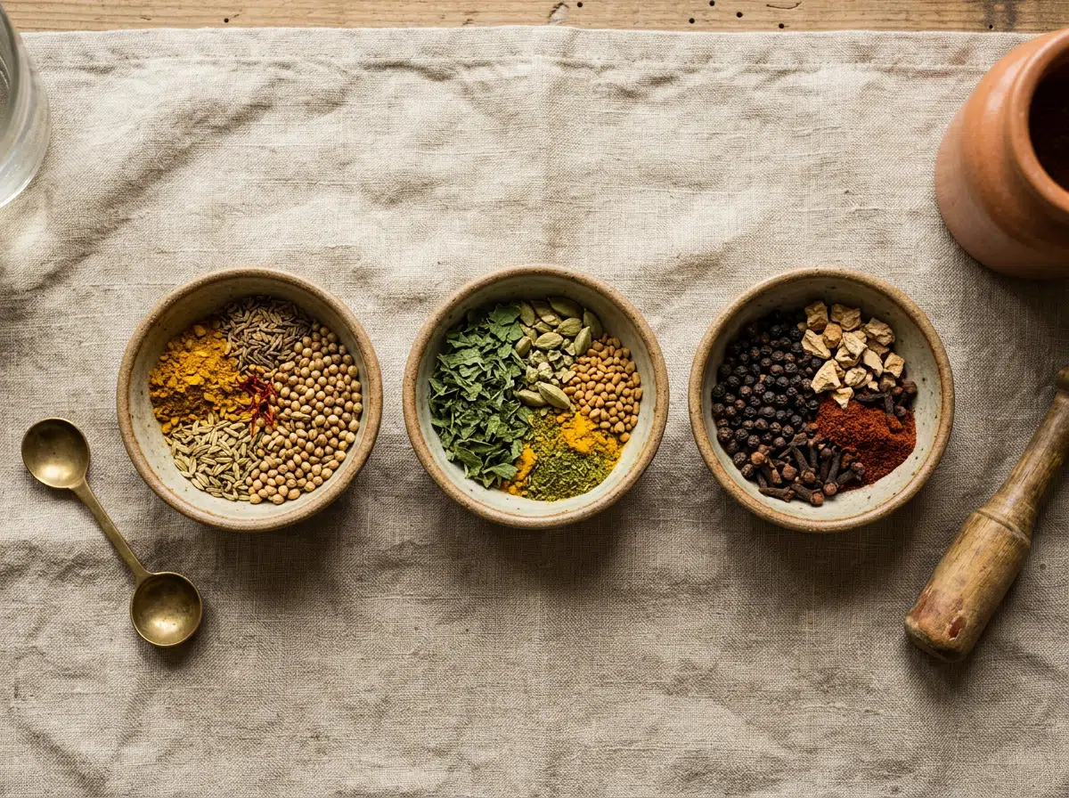 Draufsicht auf drei Keramikschalen mit Ayurveda-Gewürzmischungen auf einem Leinentuch: links Kurkuma, Kreuzkümmel, Fenchel und Koriandersamen; Mitte getrocknete Kräuter, Kardamom und Kurkuma; rechts schwarzer Pfeffer, Nelken, Chili und Ingwerstücke. Daneben zwei Messinglöffel und ein Holzmörser.