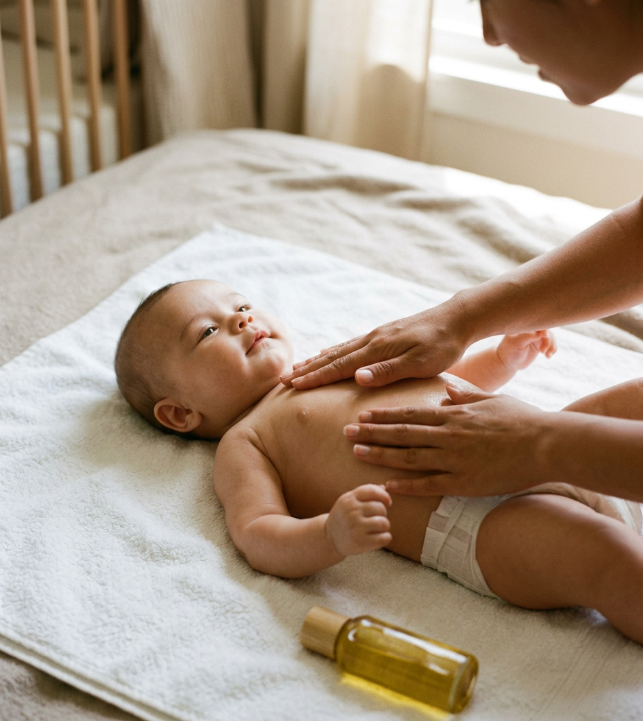 Waches Baby in Windel liegt auf einem weißen Handtuch und schaut nach oben, während zwei Hände seinen Oberkörper mit Öl massieren. Neben dem Baby liegt eine kleine Glasflasche mit goldenem Massageöl. Im Hintergrund ein helles Kinderzimmer mit Holzgitterbett.