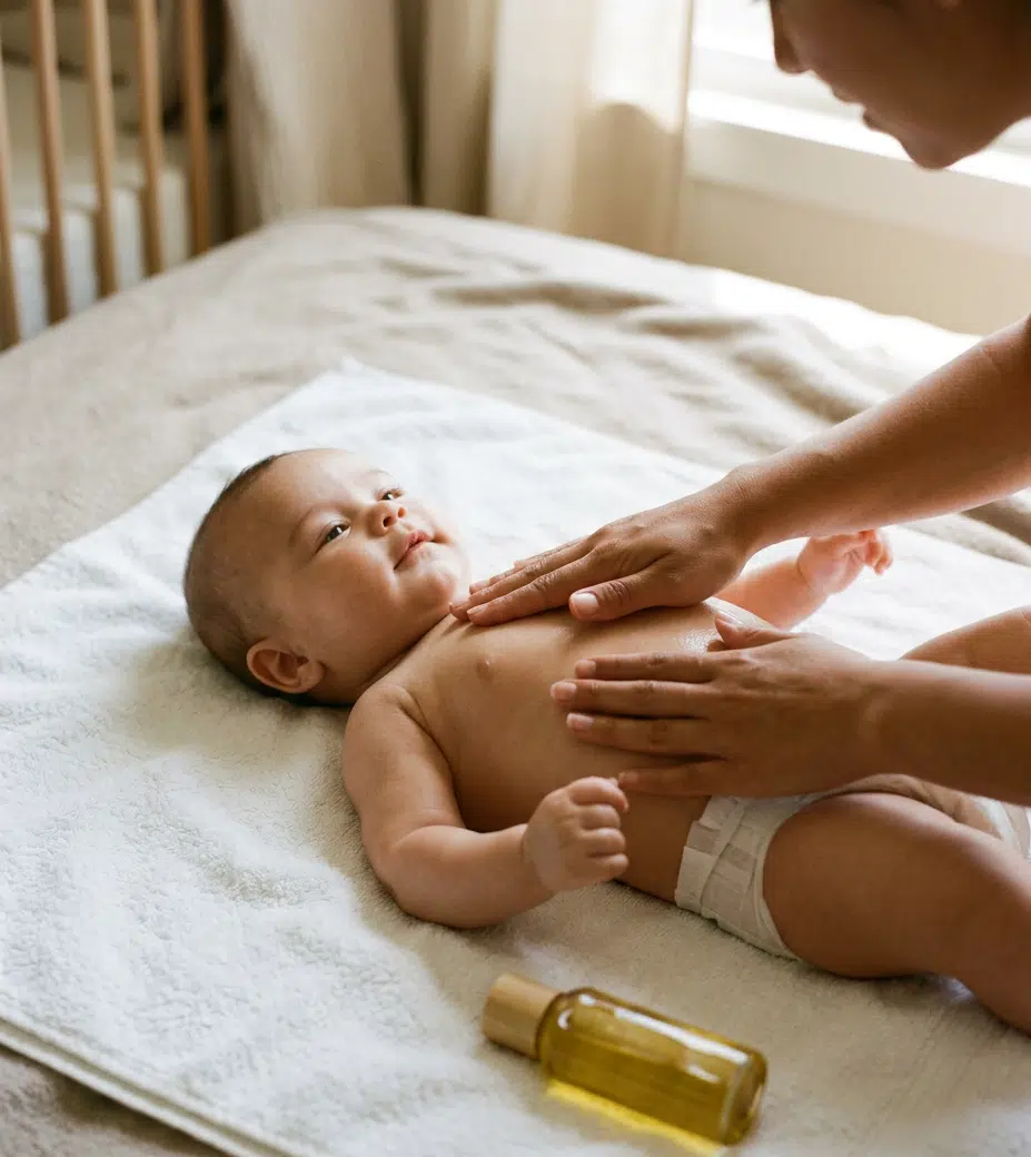 Waches Baby in Windel liegt auf einem weißen Handtuch und schaut nach oben, während zwei Hände seinen Oberkörper mit Öl massieren. Neben dem Baby liegt eine kleine Glasflasche mit goldenem Massageöl. Im Hintergrund ein helles Kinderzimmer mit Holzgitterbett.