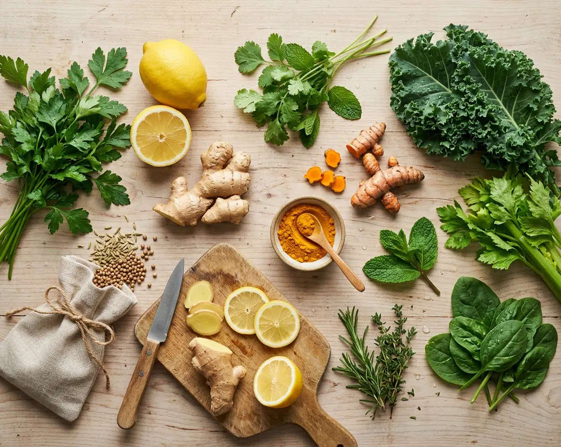 Draufsicht auf frische Detox-Zutaten auf hellem Holzuntergrund: Ingwer, Zitrone, Kurkumawurzeln und -pulver, Petersilie, Minze, Grünkohl, Spinat, Sellerie, Rosmarin, Thymian sowie Gewürzsamen in einem Leinensäckchen. Im Zentrum ein Holzbrett mit aufgeschnittenen Ingwer- und Zitronenscheiben.
