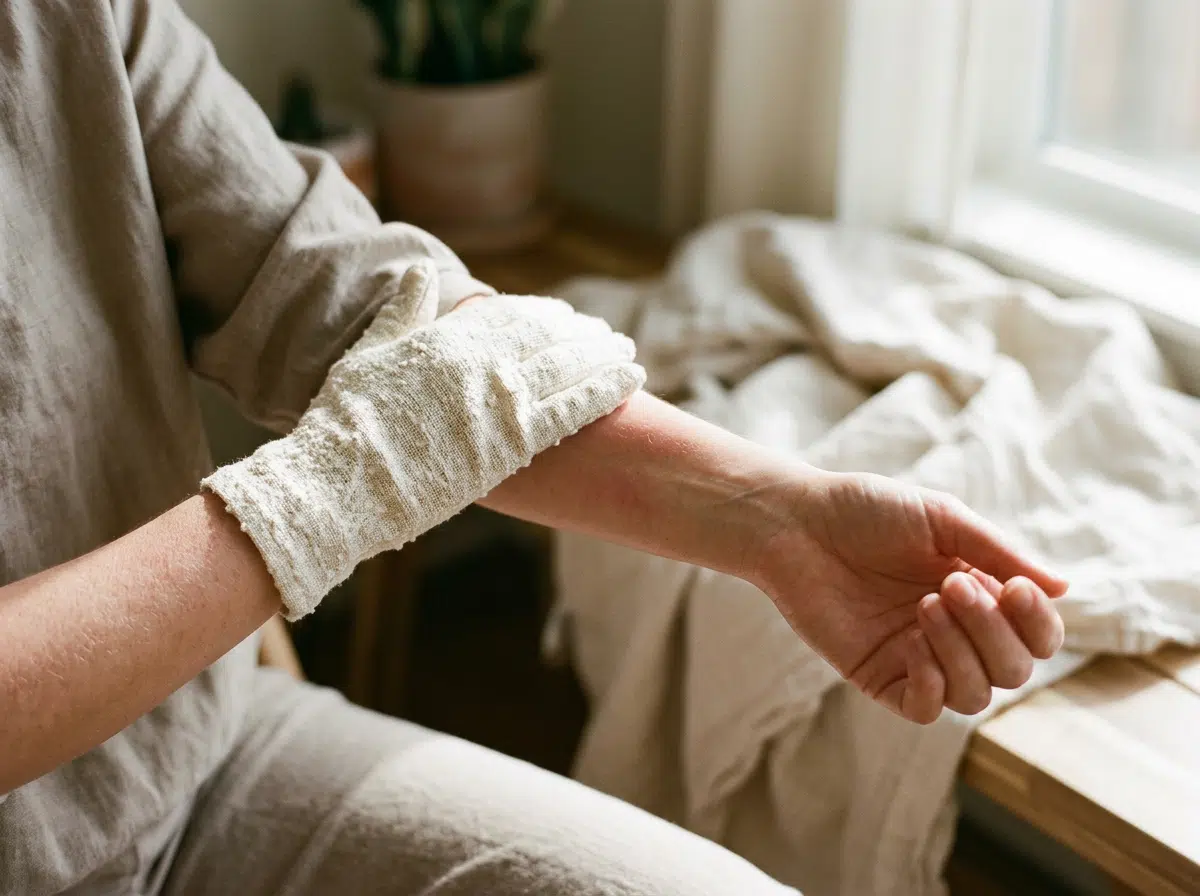 Nahaufnahme eines Unterarms, der mit einem rauen Naturgewebe-Handschuh trocken gebürstet wird. Die Person trägt ein beiges Leinenoberteil und sitzt in einem warmtonigen, ruhigen Zimmer mit Leinendecke und Zimmerpflanze im Hintergrund.