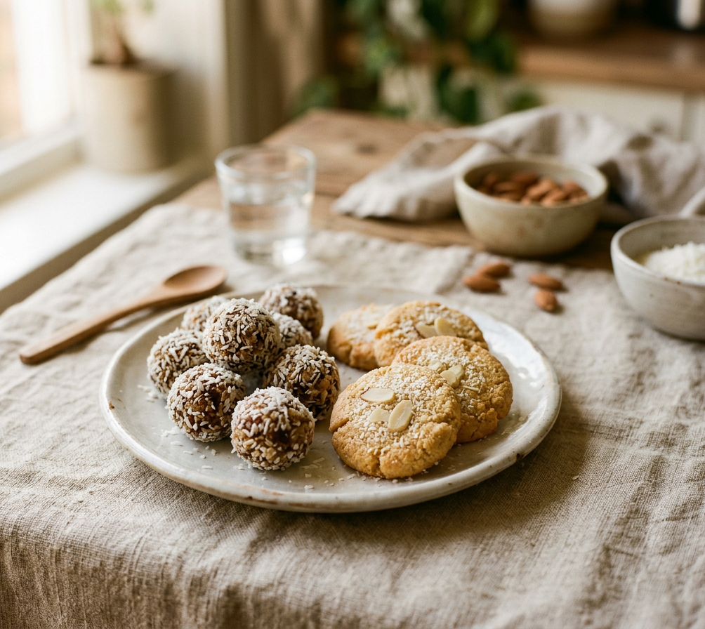 Keramikteller auf einem Leinentuch mit Kokos-Energy-Balls und Mandelkeksen mit ganzen Mandeln. Daneben ein Holzlöffel, ein Wasserglas sowie Schälchen mit Mandeln und Kokosraspeln auf einem rustikalen Holztisch.