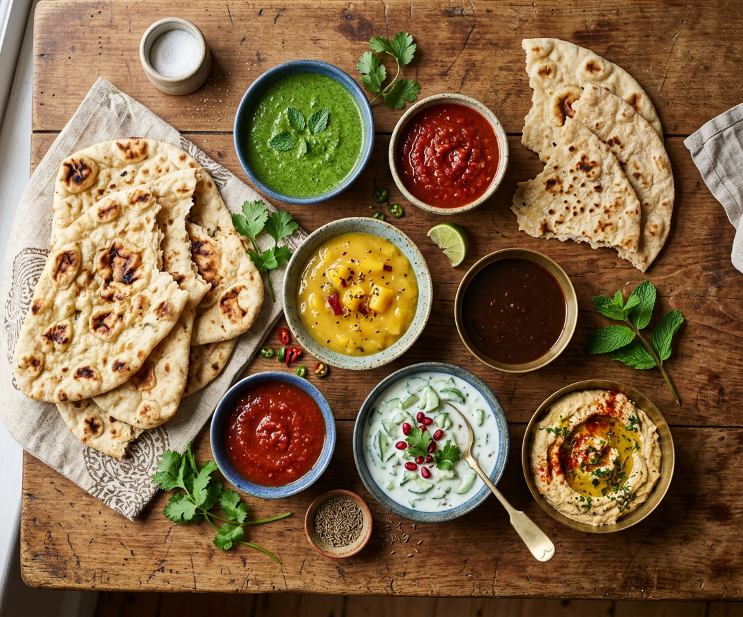 Draufsicht auf einen rustikalen Holztisch mit mehreren Naan-Broten und sechs Schälchen mit bunten Chutneys und Dips: grünes Koriander-Chutney, rote Tomatensauce, gelbes Mango-Chutney, dunkle Tamarindensauce, Raita mit Gurke und Granatapfel sowie Hummus mit Paprikaöl. Dazu frischer Koriander, Minze und Kreuzkümmel als Dekoration.