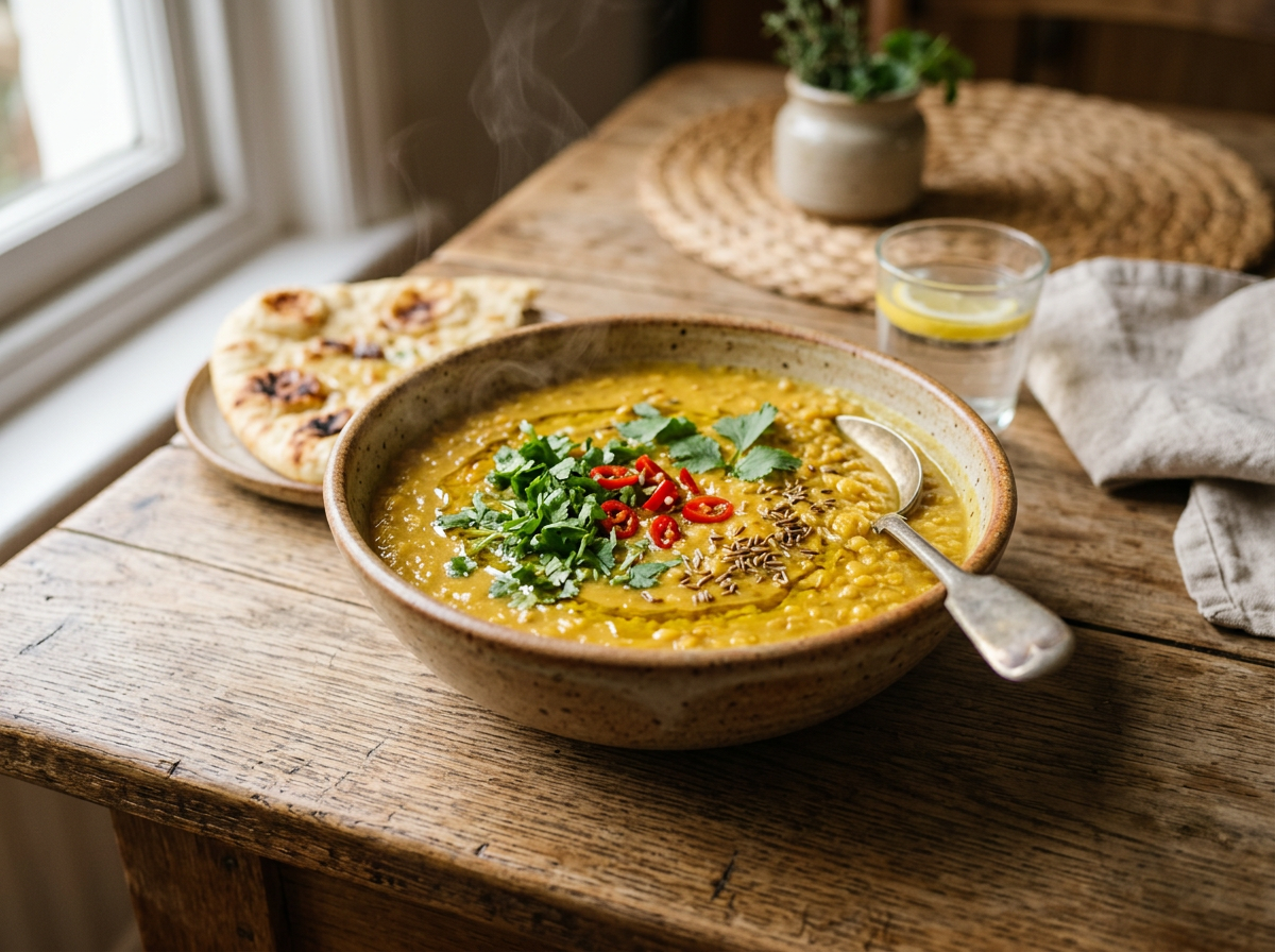 Dampfende Linsensuppe in einer rustikalen Keramikschale, garniert mit Koriander, roten Chilischeiben und Kreuzkümmel. Dazu ein Naan-Brot auf einem Teller und ein Glas Wasser auf einem rustikalen Holztisch vor einem Fenster.