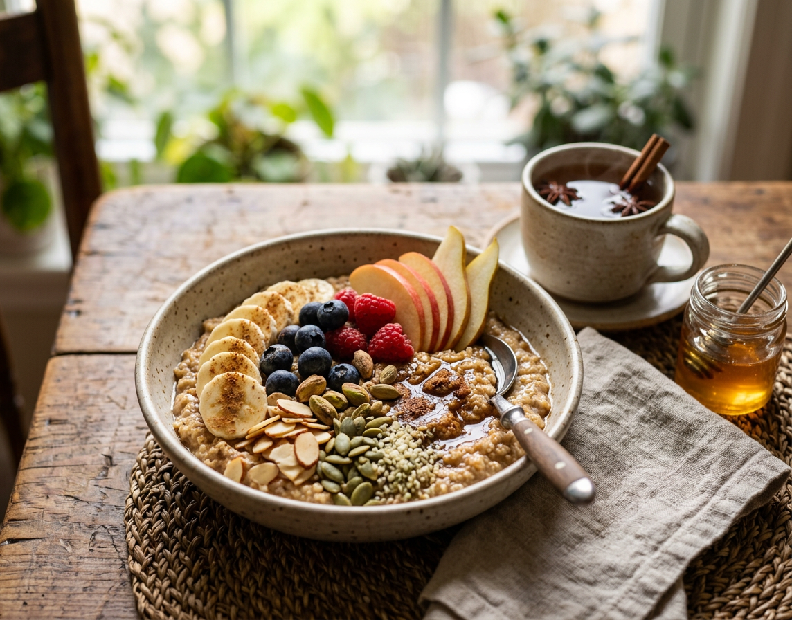 Porridge-Bowl auf einem rustikalen Holztisch, belegt mit Bananenscheiben, Blaubeeren, Himbeeren, Apfelscheiben, Mandeln, Kürbiskernen und Zimt. Daneben ein Keramikbecher mit Gewürztee, Sternanis und Zimtstange sowie ein Gläschen Honig auf einem Leinentuch.