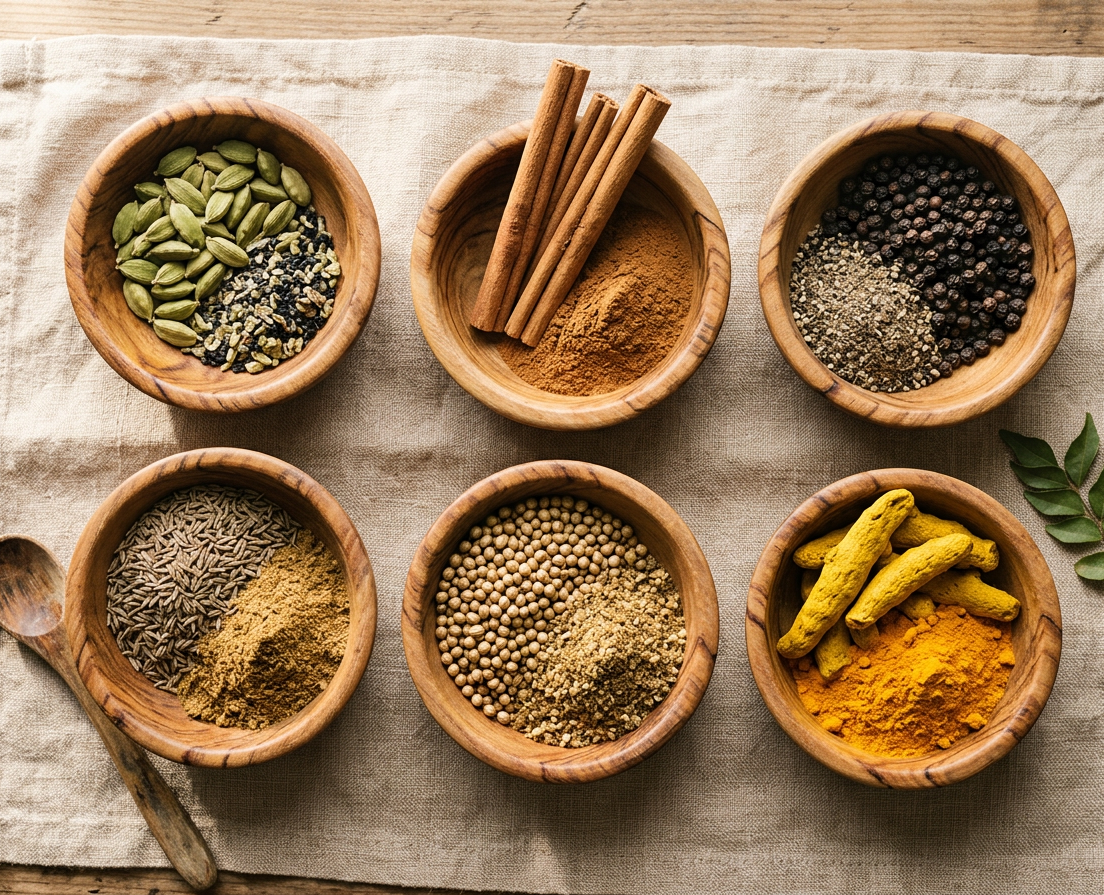 Draufsicht auf sechs Holzschälchen mit Ayurveda-Gewürzen auf einem Leinentuch: Kardamom, Zimt (Stangen und Pulver), schwarzer Pfeffer, Kreuzkümmel, Koriandersamen und frische Kurkuma-Wurzeln mit Kurkumapulver. Daneben ein Holzlöffel und ein Curryblatt-Zweig.