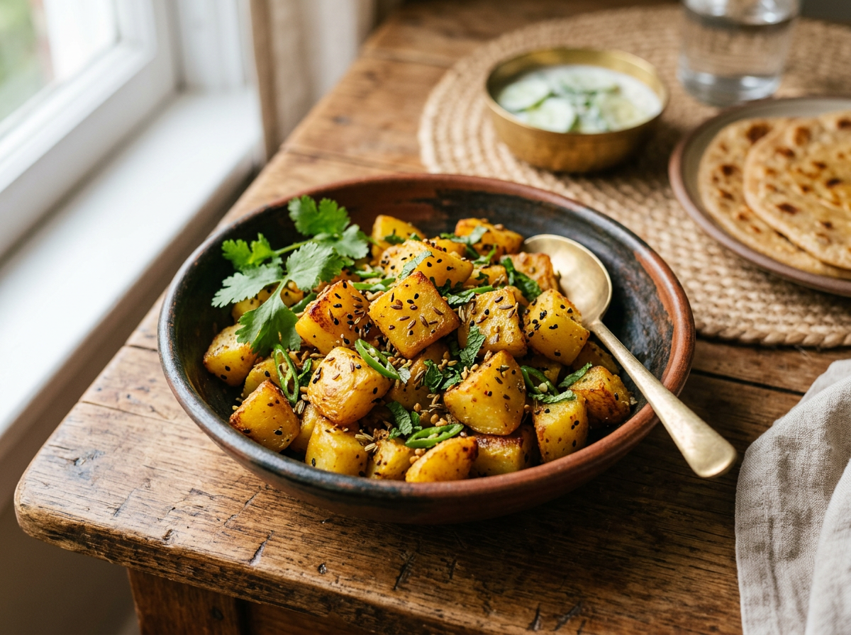 Dunkle Keramikschale mit gewürzten Bratkartoffeln, garniert mit Koriander, Schwarzkümmel und Kreuzkümmel, mit einem Messinglöffel. Im Hintergrund auf einem rustikalen Holztisch ein Schälchen Raita mit Gurke sowie ein Teller mit Chapati-Fladenbroten.