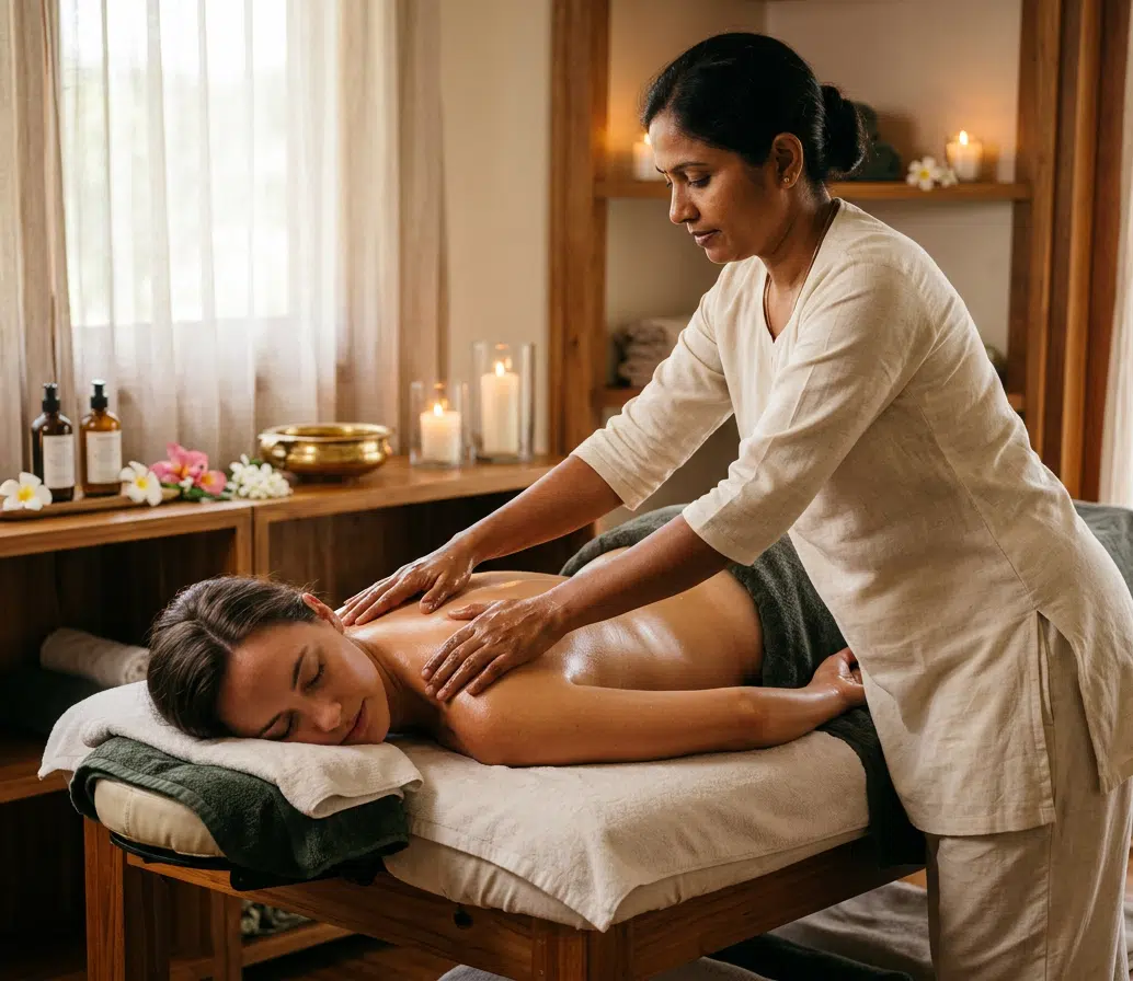 Ayurveda-Therapeutin im weißen Kurta massiert mit Öl den Rücken einer entspannt liegenden Frau auf einer Massageliege. Im Hintergrund ein stimmungsvolles Spa-Ambiente mit Kerzen, einer goldenen Schale, Massageölen und Frangipani-Blüten auf einem Holzregal.