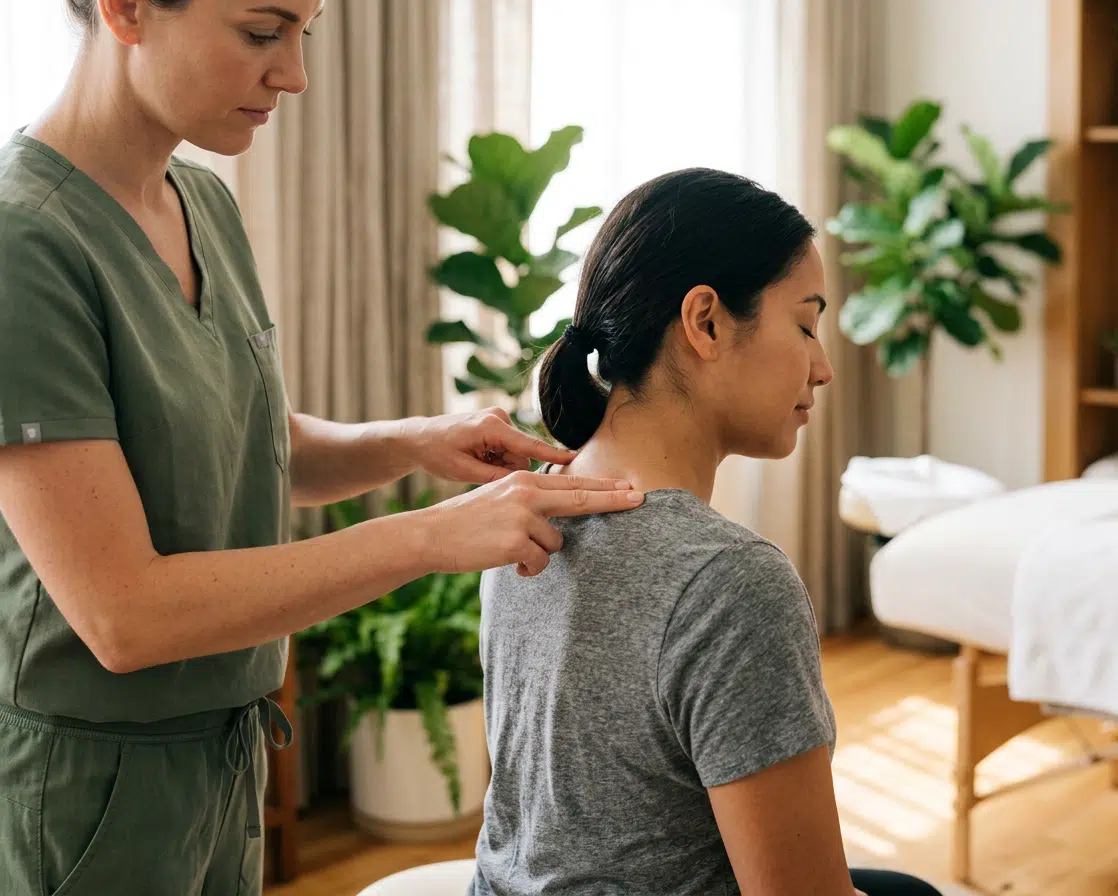 Therapeutin im grünen Kasack massiert konzentriert den Nacken- und Schulterbereich einer sitzenden Frau im grauen T-Shirt. Im Hintergrund ein heller, pflanzenreicher Behandlungsraum mit einer Massageliege.