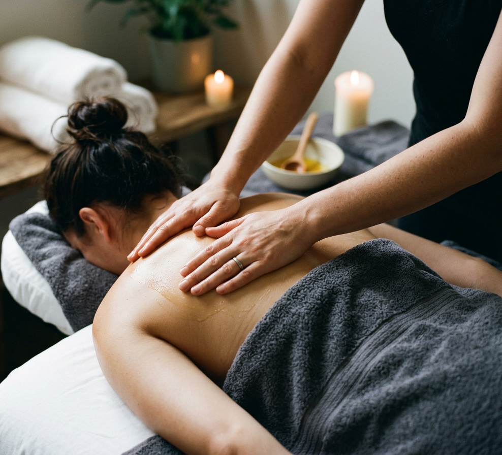 Nahaufnahme einer Ayurveda-Ölmassage am Schulter- und Rückenbereich einer liegenden Frau. Die Hände der Therapeutin verteilen goldenes Öl auf dem Rücken. Daneben eine Schale mit Massageöl und Holzlöffel, im Hintergrund mehrere brennende Kerzen auf einem Holzbeistelltisch.