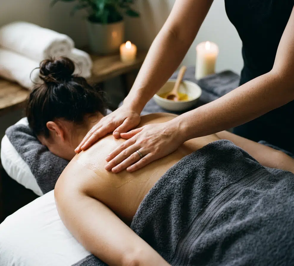 Nahaufnahme einer Ayurveda-Ölmassage am Schulter- und Rückenbereich einer liegenden Frau. Die Hände der Therapeutin verteilen goldenes Öl auf dem Rücken. Daneben eine Schale mit Massageöl und Holzlöffel, im Hintergrund mehrere brennende Kerzen auf einem Holzbeistelltisch.