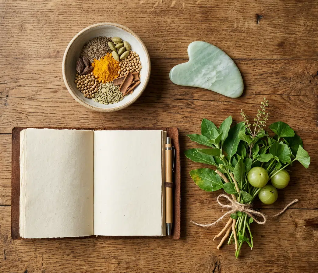 Draufsicht auf einen rustikalen Holztisch mit Ayurveda-Utensilien: eine Keramikschale mit gemischten Gewürzen (Kurkuma, Kardamom, Zimt, Koriander), ein grüner Jade-Gua-Sha-Stein, ein aufgeschlagenes leeres Notizbuch mit Bambusstift und ein Bündel frischer Heilkräuter mit grünen Beeren.