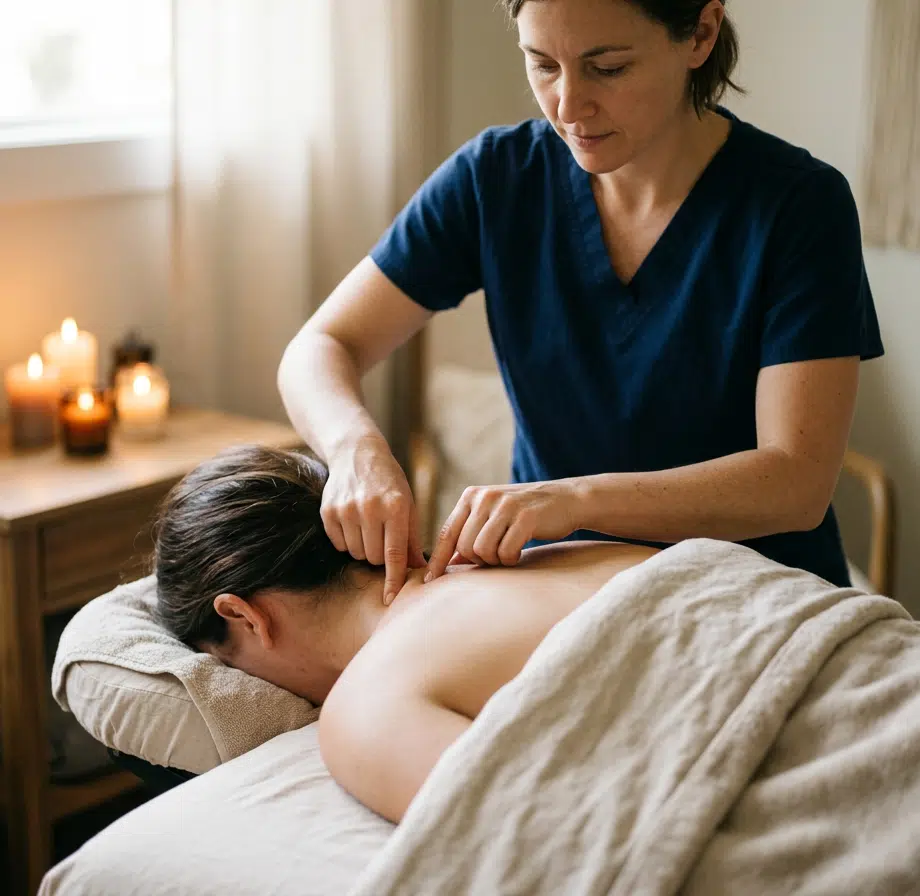 Therapeutin im dunkelblauen Kasack stimuliert konzentriert Marmapunkte im Nacken- und Schulterbereich einer liegenden Klientin mit den Fingerspitzen. Im Hintergrund ein stimmungsvoller Behandlungsraum mit mehreren brennenden Kerzen und einer Pflanze auf einem Holzbeistelltisch.