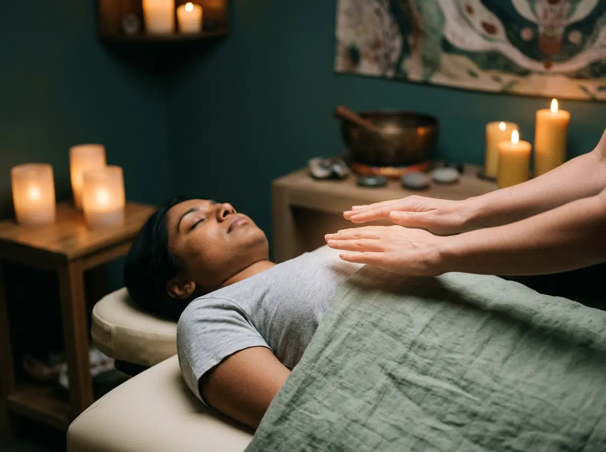 Frau liegt entspannt mit geschlossenen Augen auf einer Massageliege, während Therapeutenhände eine berührungslose Energiebehandlung über ihrem Brustbereich ausführen. Im Hintergrund ein dunkel-petrolfarbendes Behandlungszimmer mit brennenden Kerzen, einer Klangschale und Steinen auf einem Holzbeistelltisch.
