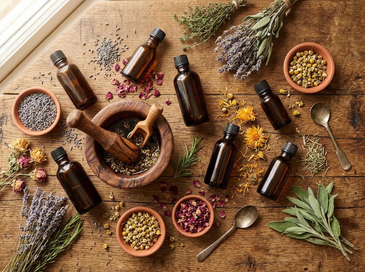 Draufsicht auf einen rustikalen Holztisch mit Ayurveda-Massagezutaten: sieben braune Ätherischöl-Fläschchen, ein Holzmörser mit Stößel und Schaufel, Tonschälchen mit Lavendel, Kamille und Rosenblütenblättern sowie verstreute Kräuter wie Rosmarin, Salbei, Ringelblume und Thymian.