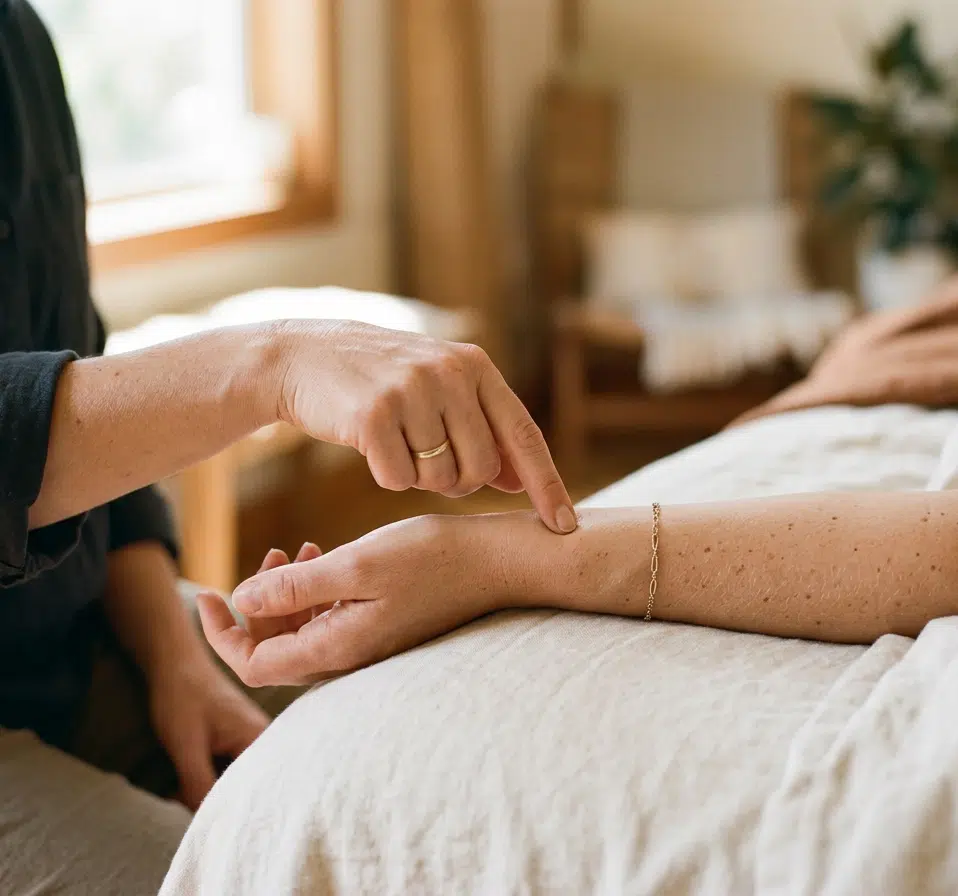 Nahaufnahme einer Marmapunkt-Behandlung: Therapeutin im dunklen Leinenhemd stimuliert mit dem Zeigefinger einen Punkt am Unterarm einer liegenden Klientin mit goldenem Armband. Im Hintergrund ein warmtoniger, heller Behandlungsraum.