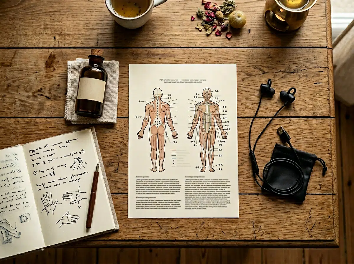 Draufsicht auf einen rustikalen Holztisch mit Ayurveda-Lernmaterialien: ein anatomisches Marmapunkt-Diagramm mit Vorder- und Rückenansicht des menschlichen Körpers, ein aufgeschlagenes Notizbuch mit handschriftlichen Notizen und Handskizzen, eine braune Glasflasche, In-Ear-Kopfhörer sowie eine Tasse Tee und getrocknete Blüten im Hintergrund.