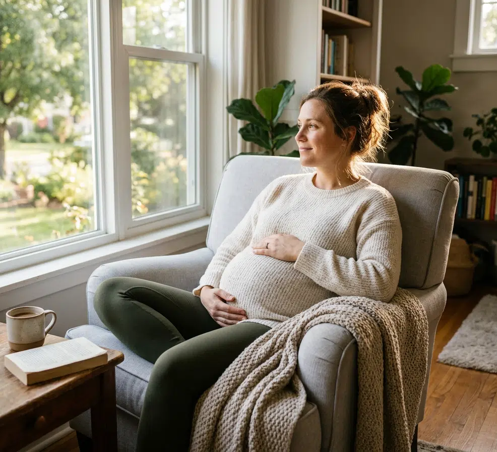 Schwangere Frau im cremefarbenen Strickpullover sitzt entspannt in einem grauen Sessel und hält lächelnd ihren Babybauch, den Blick aus dem Fenster gerichtet. Daneben ein Beistelltisch mit Tasse und Buch, im Hintergrund ein helles Wohnzimmer mit Bücherregal und Zimmerpflanzen.